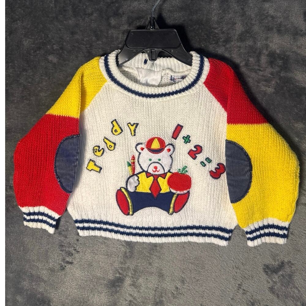 VTG 80s/90s Doe-Spun Teddy Bear Color Block Sweater 18M Baby Core Multicolor